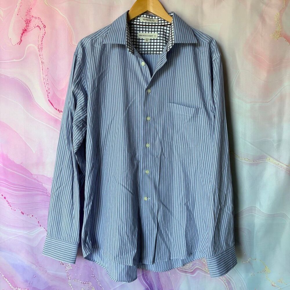 Pronto Uomo XL Blue White Striped Button Down Dress Shirt Sporty Preppy Classic